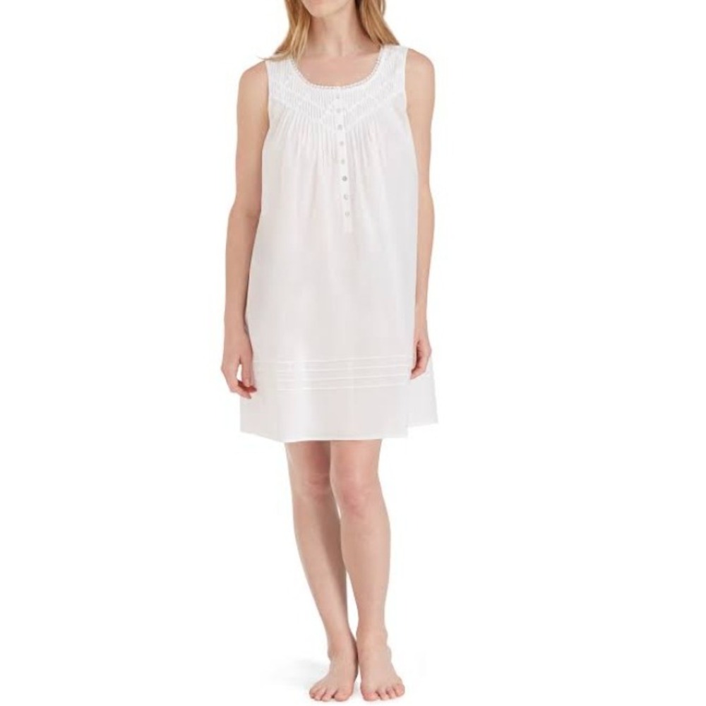 Eileen West White Cotton Sleeveless Nightgown Lace Pintuck Button Front Medium